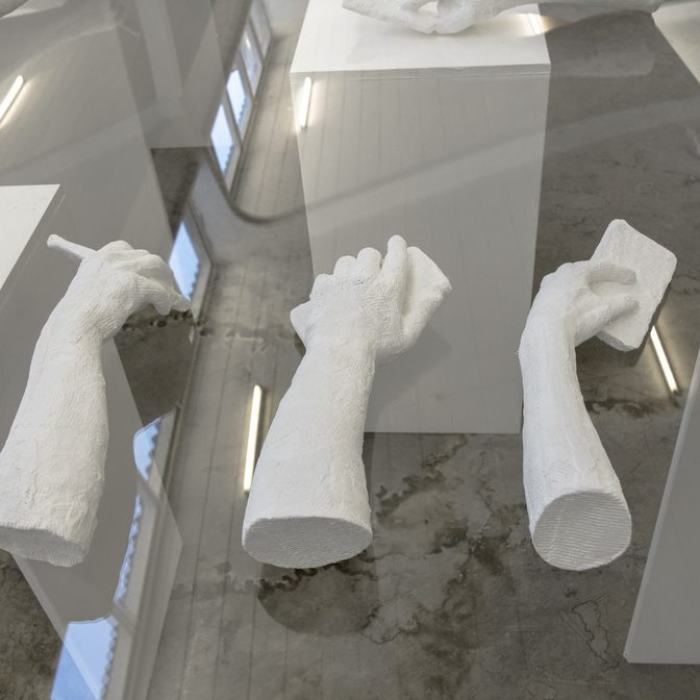 Hélène Pillonel (Bachelor)
Slide to unlock, 2020, installation, bandes plâtrées, bois et plexiglas, dimensions variables, 6 socles 80 x 40 x 80 cm
Hélène Pillonel est née en 1996 à Estavayer-le-Lac. Elle travaille à Estavayer-le-Lac et à Cheyres.