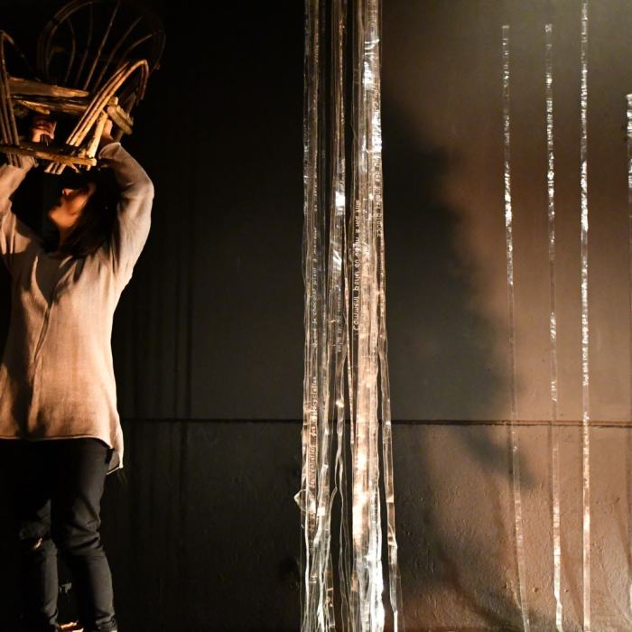 Anne Neuenschwander (Bachelor)
Voilà combien de jours voilà combien de nuits, 2020, performance, chant, scotch ménager, fil de couture, chaise en noisetier, moustiquaire, feuilles, fleurs, cire, (stéarine), colle chaude, 20’
Anne Neuenschwander est née en 1997 à Villars-sous-Yens. Elle travaille à La Chaux-de-Fonds.